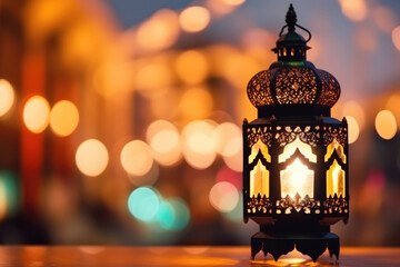 Obraz premium Original traditional ornate oriental lantern with beautiful bokeh of holiday lights and mosque in background.