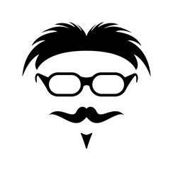 Creative simple hippie face with hair, moustache, glasses isolated on white. 60's 70's  hipster concept character vector to use in indie retro design projects. 