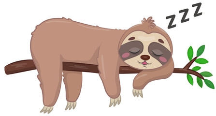 Cute sloth sleeping on a tree branch. Funny vector illustration of a hand-drawn cartoon character.
