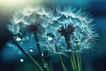 Dandelion Seeds in droplets of water on blue and turquoise beautiful background with soft focus in nature macro. Drops of dew sparkle on dandelion in rays of light.