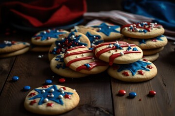 Happy USA Flag Day Homemade cookies with a pattern lies on a wooden table against the background of the American flag. 