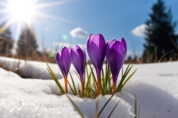 Fototapeta na wymiar Spring landscape with first flowers purple crocuses on the snow in nature in the rays of sunlight