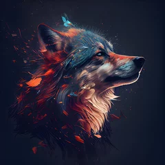 Fotobehang Portrait of a wolf with red and blue splashes on a black background © Waqar