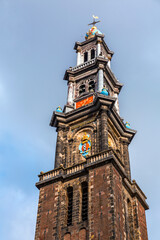 Fototapeta na wymiar The Westerkerk, a reformed church within Dutch Protestant Calvinism in Amsterdam, Netherlands.