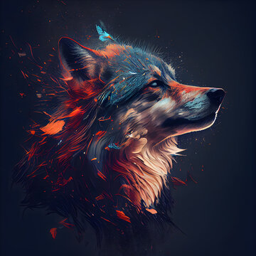 Portrait of a wolf with red and blue splashes on a black background