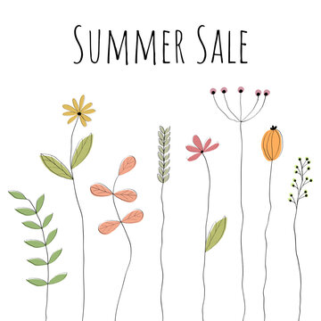 Summer sale - Schriftzug in englischer Sprache - Sommerschlussverkauf. Verkaufsbanner mit abstrakten gezeichnete Blumen.