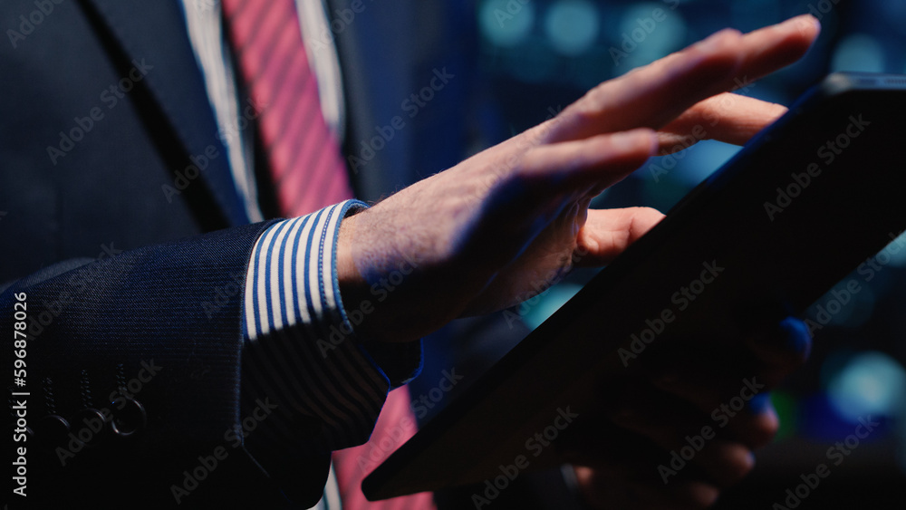 Poster professional it manager typing data on tablet, working in cyberspace center. information security of