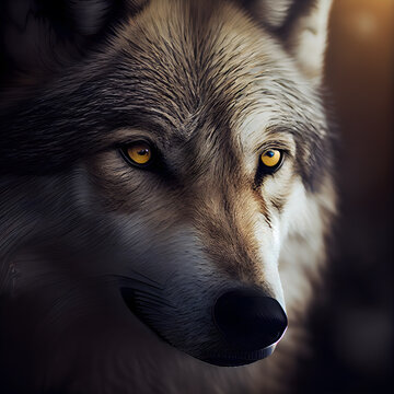 Portrait of a wolf with yellow eyes. Toned image.