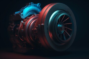 3D render of turbocharger separated from engine, against a dark red and blue background. Generative AI