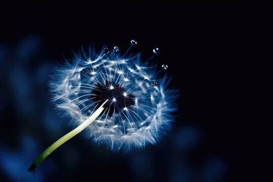 A drop of water on dandelion parachute on beautiful dark blue background. Bright elegant colorful artistic image of beauty of nature