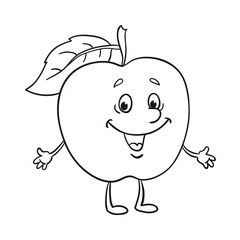 Funny apple. Black and white picture in cartoon style. For coloring book. Isolated on white background. Vector illustration.