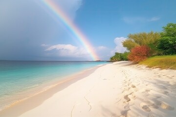 Beautiful rainbow over a tropical island, white sandy beach - Generative AI
