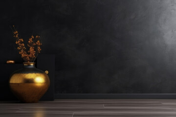 A beautiful black empty textured wall and a golden vase on a smooth floor. Interior background for presentation