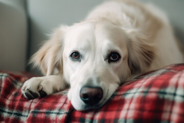 A very cute dog lies on a soft plaid and touchingly misses his owner
