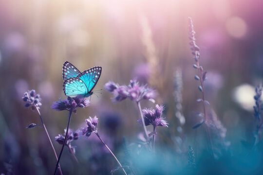 Wild light blue flowers in field and two fluttering butterfly on nature outdoors, close-up macro. Magic artistic image. Toned in blue and purple tone