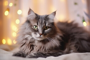 Fototapeta premium A cute gray fluffy young cat lies on a soft plaid near the window and looks attentively. Festive lights in the background