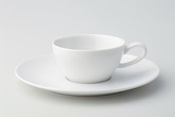 Fototapeta premium minimalistic white cup and saucer on a plain white table. Generative AI