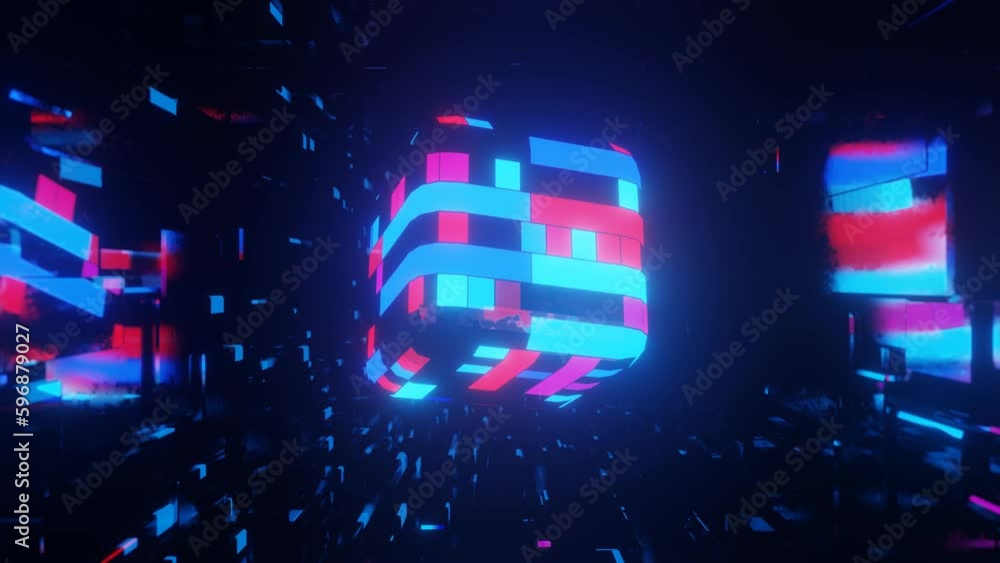 Poster 3d object or structure rotates and moves inside glass mirror tunnel with neon light, bright reflecti