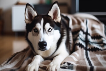 A cute dog lies and looks attentively at the blanket in the living room