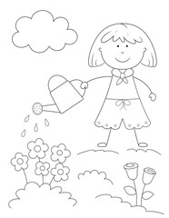 easy coloring page of cute little girl watering flowers. you can print it on 8.5x11 inch paper