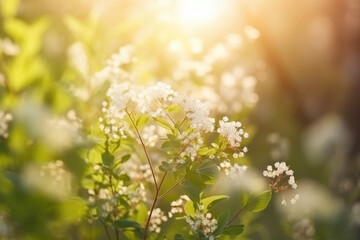 Beautiful blurred spring background image with branches of flowering myiosa in nature in the rays of sunlight outdoors