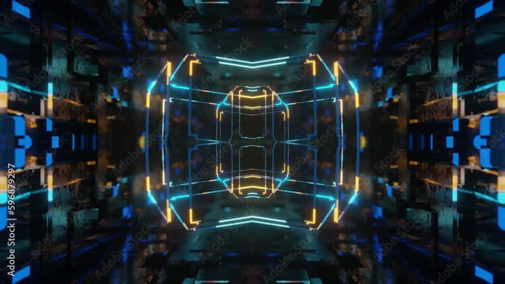Poster symmetrical 3d object or structure rotates and moves inside glass mirror tunnel with neon light, bri