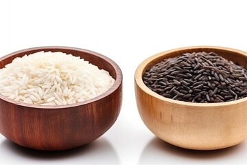 two wooden bowls filled with rice side by side. Generative AI