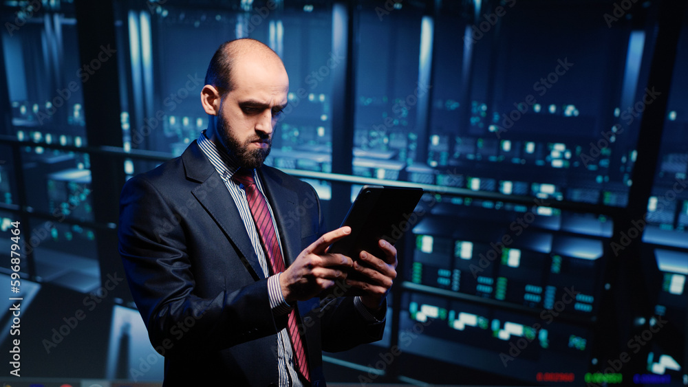 Poster it administrator running security diagnostics on tablet, inspecting networking service with computer