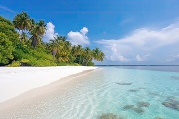 Tropical island with clear sea lapping at a white sandy beach - Generative AI