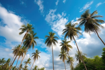 Fototapeta na wymiar Beautiful natural tropical background with palm trees against a blue sky with clouds