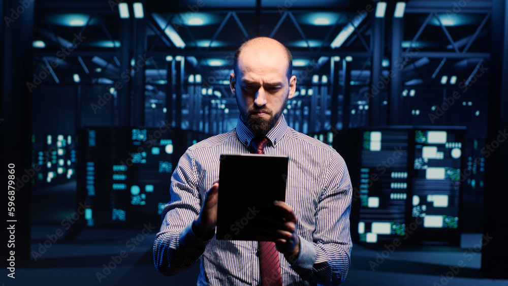 Poster it manager technical support operator checking big data in server room, planning digitalization. sup