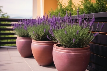 Fototapeta na wymiar Beautiful pots with blooming purple lavender on the terrace of the house. Home plants. Floriculture 