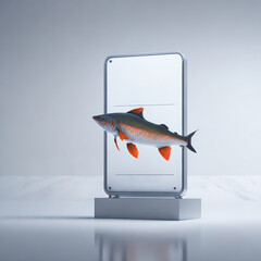 Salmon fish hovering infront of a modern advertising sign. Created with generative AI.