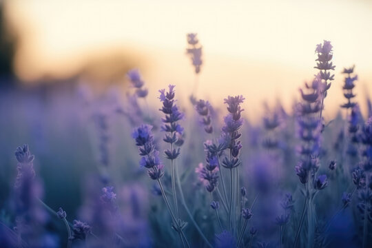 Beautiful blurry image of lavender flowers in nature with soft focus and atmospheric volumetric lighting