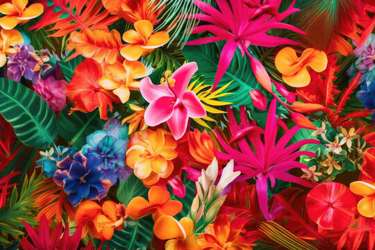 Colorful vibrant floral background of tropical plants and flowers
