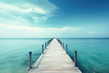 Obraz premium Beautiful landscape with bridge to pier. Color fusion of ocean and sky. Light ripples on amazingly clear water. Perspective receding into distance. Image fine vacation on summer. Relax and rest