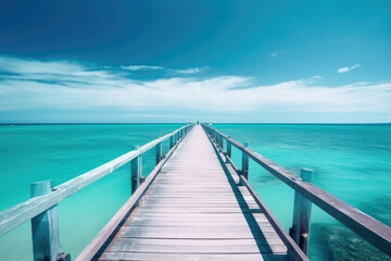 Obraz premium Beautiful landscape with bridge to pier. Color fusion of ocean and sky. Light ripples on amazingly clear water. Perspective receding into distance. Image fine vacation on summer. Relax and rest
