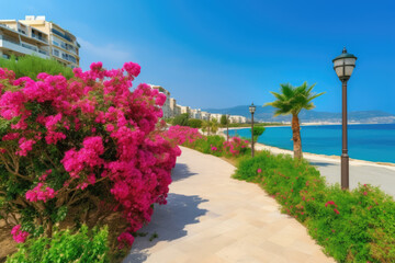 Fototapeta premium Beautiful resort promenade with blooming colorful Oleanders against the backdrop of Mediterranean Sea and blue sky