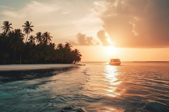 Boat cruising past tropical island with white sandy beach at sunset - Generative AI