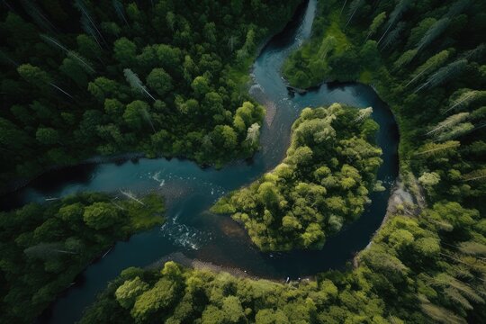 Winding river through a forest from an aerial view - generative ai