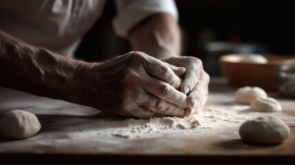Baker's hands kneading dough into balls