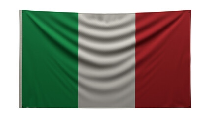 Textured flag. The flag of Italy hangs on the wall. Texture of dense fabric. The flag is pinned to the wall. Italian flag on a transparent background. 3D render