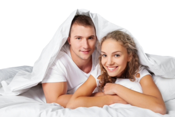 A young man with a cute woman in bed at the home