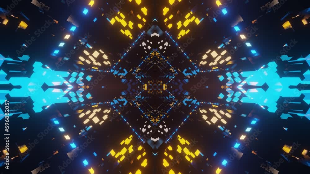 Poster kaleidoscopic neon abstract background. vj loop neon light abstract symmetrical composition