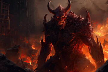 Devil or demon in burning ruins generative ai	
