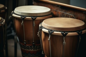 Fototapeta na wymiar Musical percussion instruments include drums. Generative AI