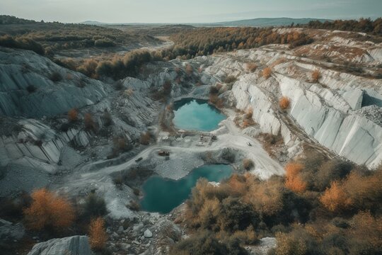 Aerial landscape of open-pit quarry with blasted ledges after drilling. Generative AI