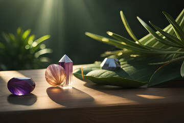 A Tranquil Scene: Healing Crystals Arranged on a Bed of Verdant Leaves with Generative AI
