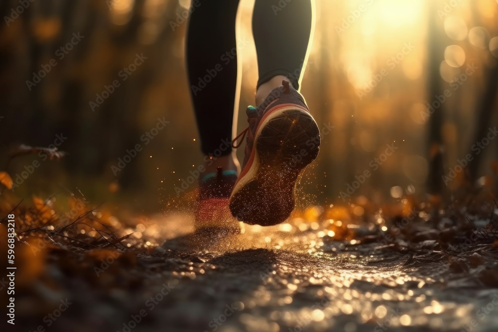 Poster Legs of a woman jogging in the forest. Walking in nature in the fresh air after the rain. AI generated, human enhanced