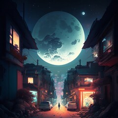 japan street night moonlight